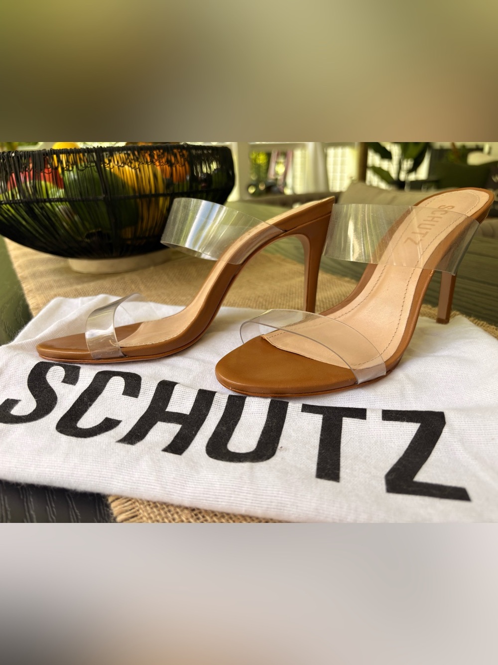 SCHUTZ Tan Heeled Sandals with Clear Straps